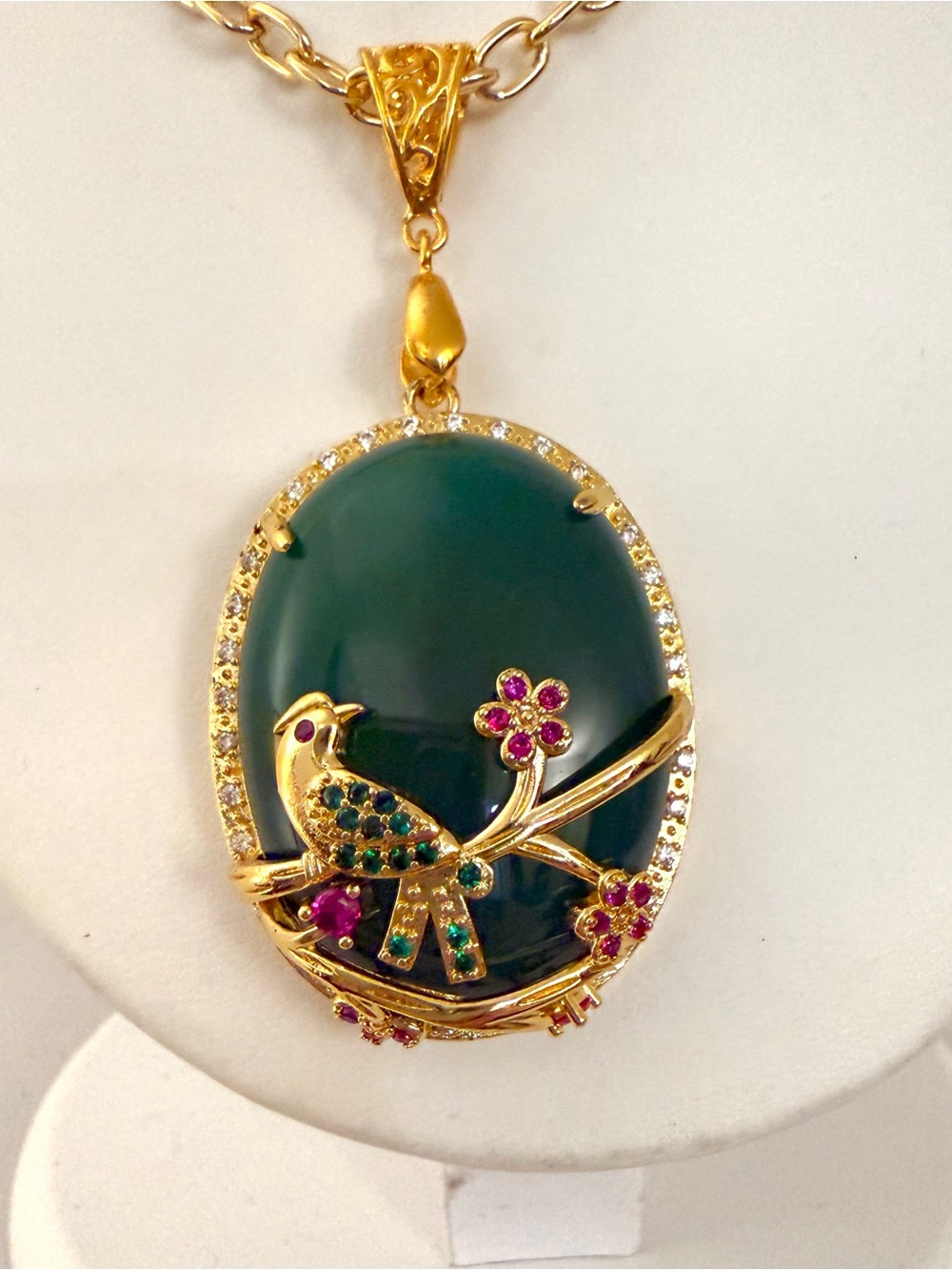 1/20 14K Gold Filled Green Stone Bird Floral Pendant Necklace 18"